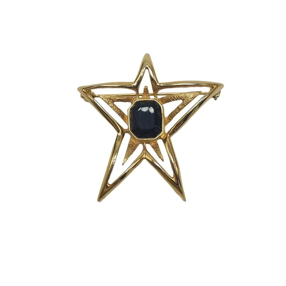 Star Black Acrylic Rhinestone Textured Openwork Brooch Pin Gold Tone Vintage